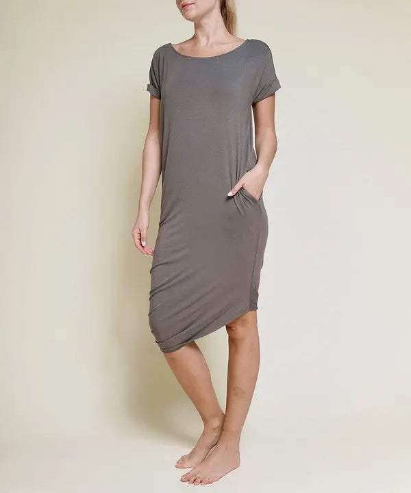 BAMBOO ASYMMETRIC DOLMAN DRESS WITH POCKETS