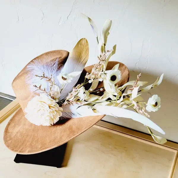 Boho Western Wedding Floral Feather Bridal Hat Tan