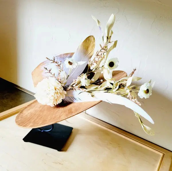 Boho Western Wedding Floral Feather Bridal Hat Tan