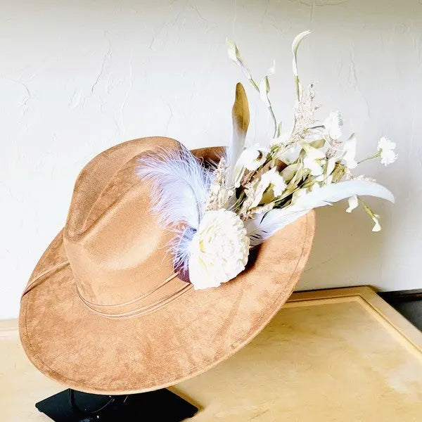 Boho Western Wedding Floral Feather Bridal Hat Tan