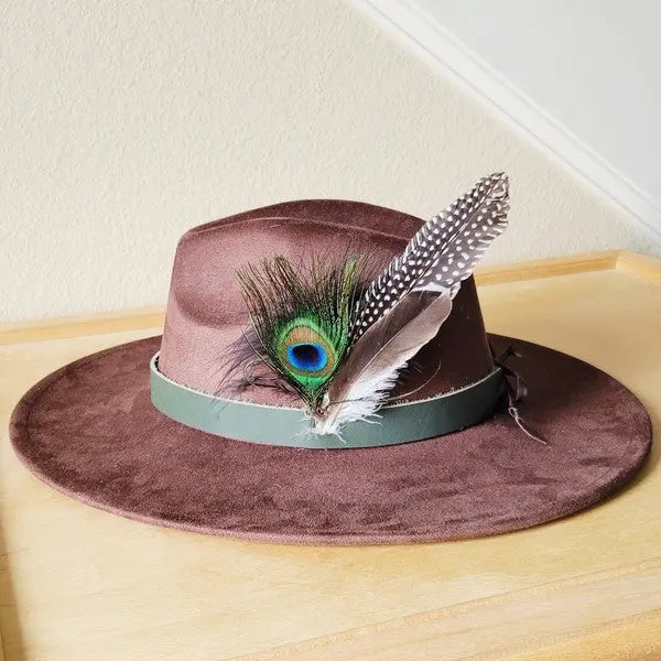Army Green Leather HatBand w/Peacock Feather Acc