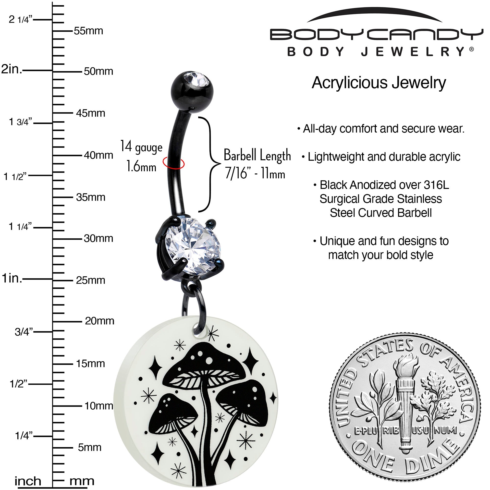 Black Double Gem Glow in the Dark Mystic Mushroom Dangle Belly Ring by Onyx O