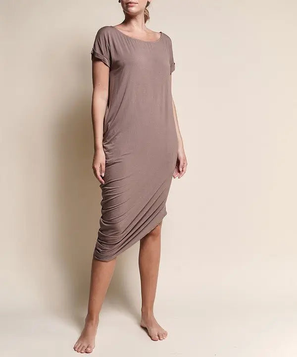 BAMBOO ASYMMETRIC DOLMAN DRESS WITH POCKETS