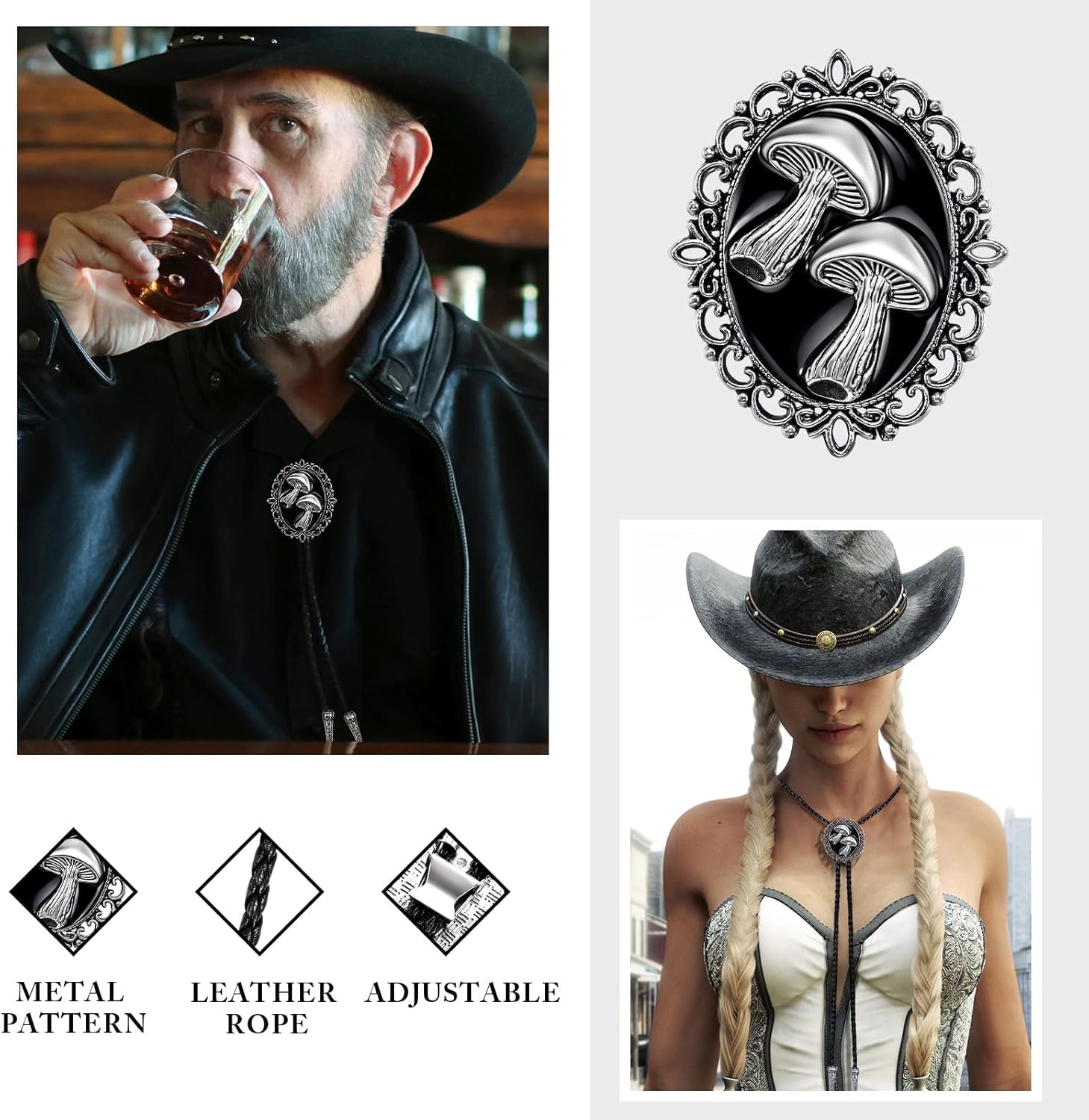 Bolo Tie for Men Mushroom Bolo Tie Western Cowboy Necktie Accessories Punk Retro